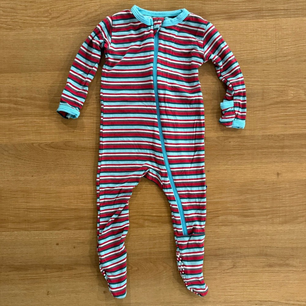 Kickee Pants Baby‎ Footie Pajamas Red Teal White Striped Bamboo Viscose 3-6 Mo